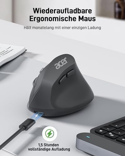 acer Ergonomische Maus Kabellos, Wiederaufladbare 2.4GHz Vertikale Maus mit 3 Einstellbaren DPI, 6 Tasten, Ergonomisch Büromaus Vertical Wireless Mouse für Windows, mac OS, Linux, Chrome OS, usw. – Bild 2