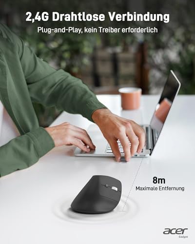 acer Ergonomische Maus Kabellos, Wiederaufladbare 2.4GHz Vertikale Maus mit 3 Einstellbaren DPI, 6 Tasten, Ergonomisch Büromaus Vertical Wireless Mouse für Windows, mac OS, Linux, Chrome OS, usw. – Bild 3