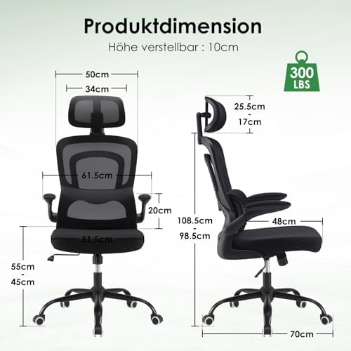Farini Ergonomischer Stuhl Büro Computer Stuhl mit Rollen Schreibtisch für Bequemer Home Office Höhenverstellbar Chefsessel Bürostuhl mit Kopfstütze – Bild 4