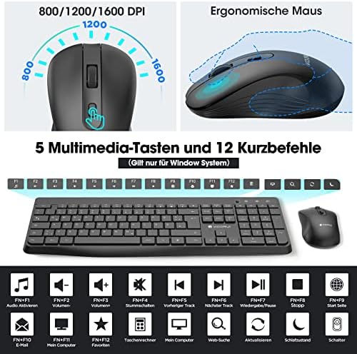 KOORUI Tastatur und Maus Kabellos, Leise Maus Tastatur Set Deutsches Layout QWERTZ mit 12 Funktionstasten 2.4 GHz Tastatur Maus Set für Windows,MacOS,Linux-Schwarz – Bild 2