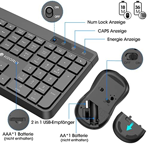 KOORUI Tastatur und Maus Kabellos, Leise Maus Tastatur Set Deutsches Layout QWERTZ mit 12 Funktionstasten 2.4 GHz Tastatur Maus Set für Windows,MacOS,Linux-Schwarz – Bild 5