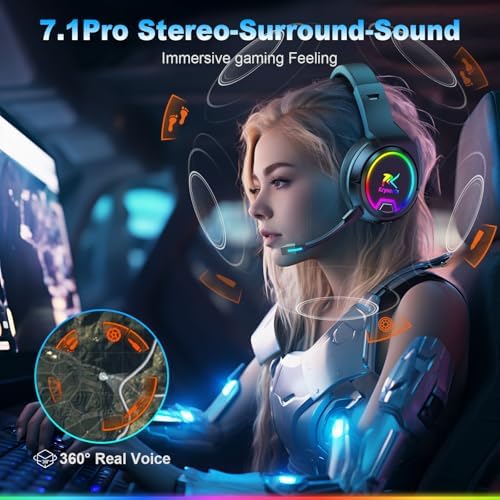 PG4 Gaming Headset Wireless für PS4, PS5, PC, Mac, Switch, 48H 2.4GHz Gaming Headset mit Noise Cancelling Mikrofon, Kabelloses Bluetooth Headset mit LED-Lichtern, Surround Sound, Rußschwarz – Bild 2