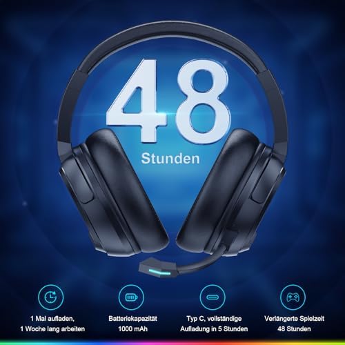 PG4 Gaming Headset Wireless für PS4, PS5, PC, Mac, Switch, 48H 2.4GHz Gaming Headset mit Noise Cancelling Mikrofon, Kabelloses Bluetooth Headset mit LED-Lichtern, Surround Sound, Rußschwarz – Bild 5