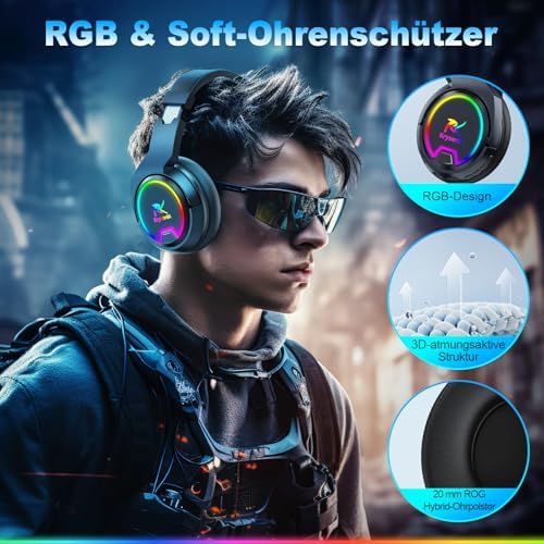 PG4 Gaming Headset Wireless für PS4, PS5, PC, Mac, Switch, 48H 2.4GHz Gaming Headset mit Noise Cancelling Mikrofon, Kabelloses Bluetooth Headset mit LED-Lichtern, Surround Sound, Rußschwarz – Bild 6
