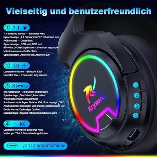 PG4 Gaming Headset Wireless für PS4, PS5, PC, Mac, Switch, 48H 2.4GHz Gaming Headset mit Noise Cancelling Mikrofon, Kabelloses Bluetooth Headset mit LED-Lichtern, Surround Sound, Rußschwarz – Bild 7