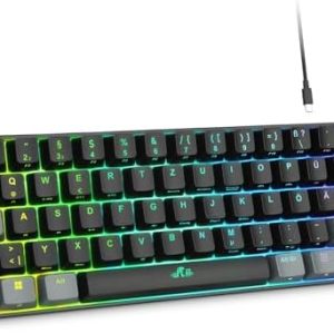 Rii Gaming Tastatur Mechanisch, 60% Tastatur Kabellos RGB Beleuchtet mit Rote Schalter und N-Key Rollover für PC/Laptop/PS4/PS5, QWERTZ, Schwarz Grau (Bluetooth/2.4G/Kabel)