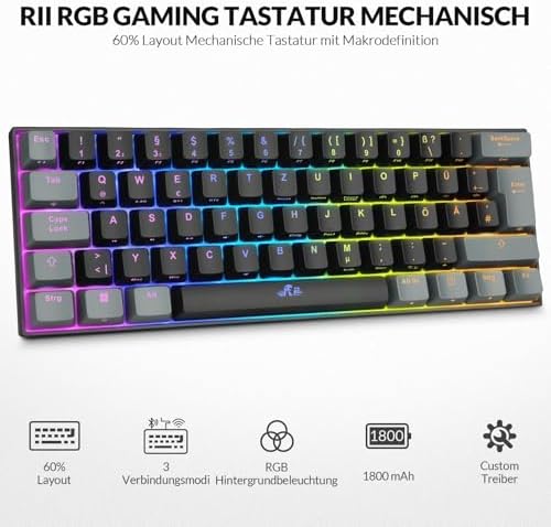 Rii Gaming Tastatur Mechanisch, 60% Tastatur Kabellos RGB Beleuchtet mit Rote Schalter und N-Key Rollover für PC/Laptop/PS4/PS5, QWERTZ, Schwarz Grau (Bluetooth/2.4G/Kabel) – Bild 2