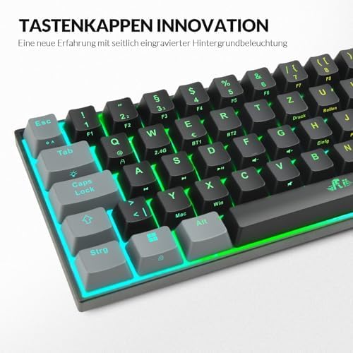 Rii Gaming Tastatur Mechanisch, 60% Tastatur Kabellos RGB Beleuchtet mit Rote Schalter und N-Key Rollover für PC/Laptop/PS4/PS5, QWERTZ, Schwarz Grau (Bluetooth/2.4G/Kabel) – Bild 3