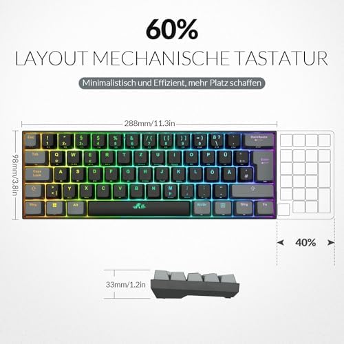 Rii Gaming Tastatur Mechanisch, 60% Tastatur Kabellos RGB Beleuchtet mit Rote Schalter und N-Key Rollover für PC/Laptop/PS4/PS5, QWERTZ, Schwarz Grau (Bluetooth/2.4G/Kabel) – Bild 4