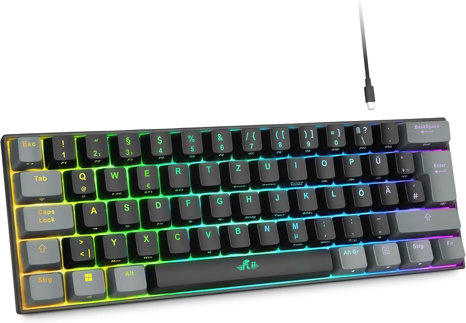 Rii Gaming Tastatur Mechanisch, 60% Tastatur Kabellos RGB Beleuchtet mit Rote Schalter und N-Key Rollover für PC/Laptop/PS4/PS5, QWERTZ, Schwarz Grau (Bluetooth/2.4G/Kabel) – Bild 8