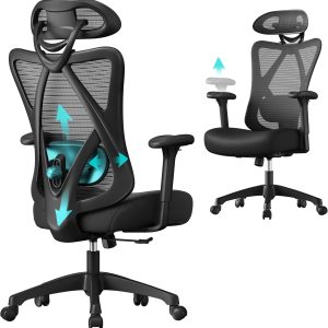 SONGMICS Ergonomischer Bürostuhl, Computerstuhl, Mesh-Stuhl, Lendenkissen und Kopfstütze verstellbar, maximale Belastung: 150 kg, höhenverstellbar, Tintenschwarz, OBN063B01