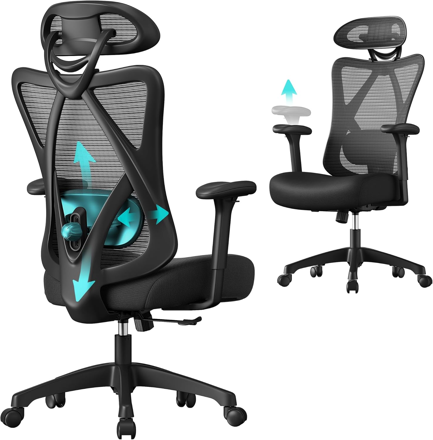SONGMICS Ergonomischer Bürostuhl, Computerstuhl, Mesh-Stuhl, Lendenkissen und Kopfstütze verstellbar, maximale Belastung: 150 kg, höhenverstellbar, Tintenschwarz, OBN063B01