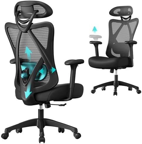 SONGMICS Ergonomischer Bürostuhl, Computerstuhl, Mesh-Stuhl, Lendenkissen und Kopfstütze verstellbar, maximale Belastung: 150 kg, höhenverstellbar, Tintenschwarz, OBN063B01 – Bild 2