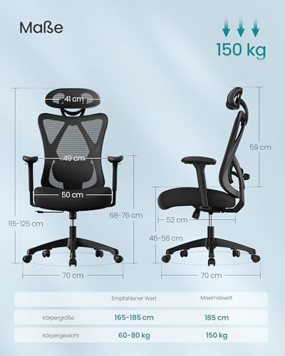 SONGMICS Ergonomischer Bürostuhl, Computerstuhl, Mesh-Stuhl, Lendenkissen und Kopfstütze verstellbar, maximale Belastung: 150 kg, höhenverstellbar, Tintenschwarz, OBN063B01 – Bild 4