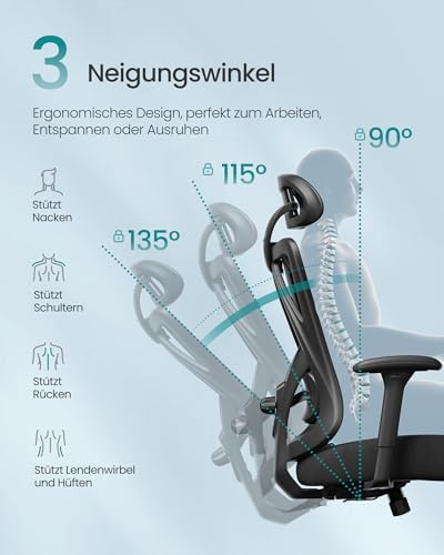 SONGMICS Ergonomischer Bürostuhl, Computerstuhl, Mesh-Stuhl, Lendenkissen und Kopfstütze verstellbar, maximale Belastung: 150 kg, höhenverstellbar, Tintenschwarz, OBN063B01 – Bild 6