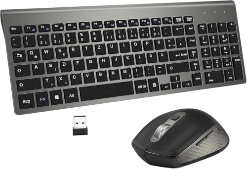 Tastatur und Maus Set Kabellos - Ultraslim 2.4Ghz USB Funk Tastatur QWERTZ (Deutsch) Layout Ergonomisch Klein Maus Ultra-Dünne für Computer/Desktop/PC/Laptop/TV/Windows (Schwarz Gray, Medium)