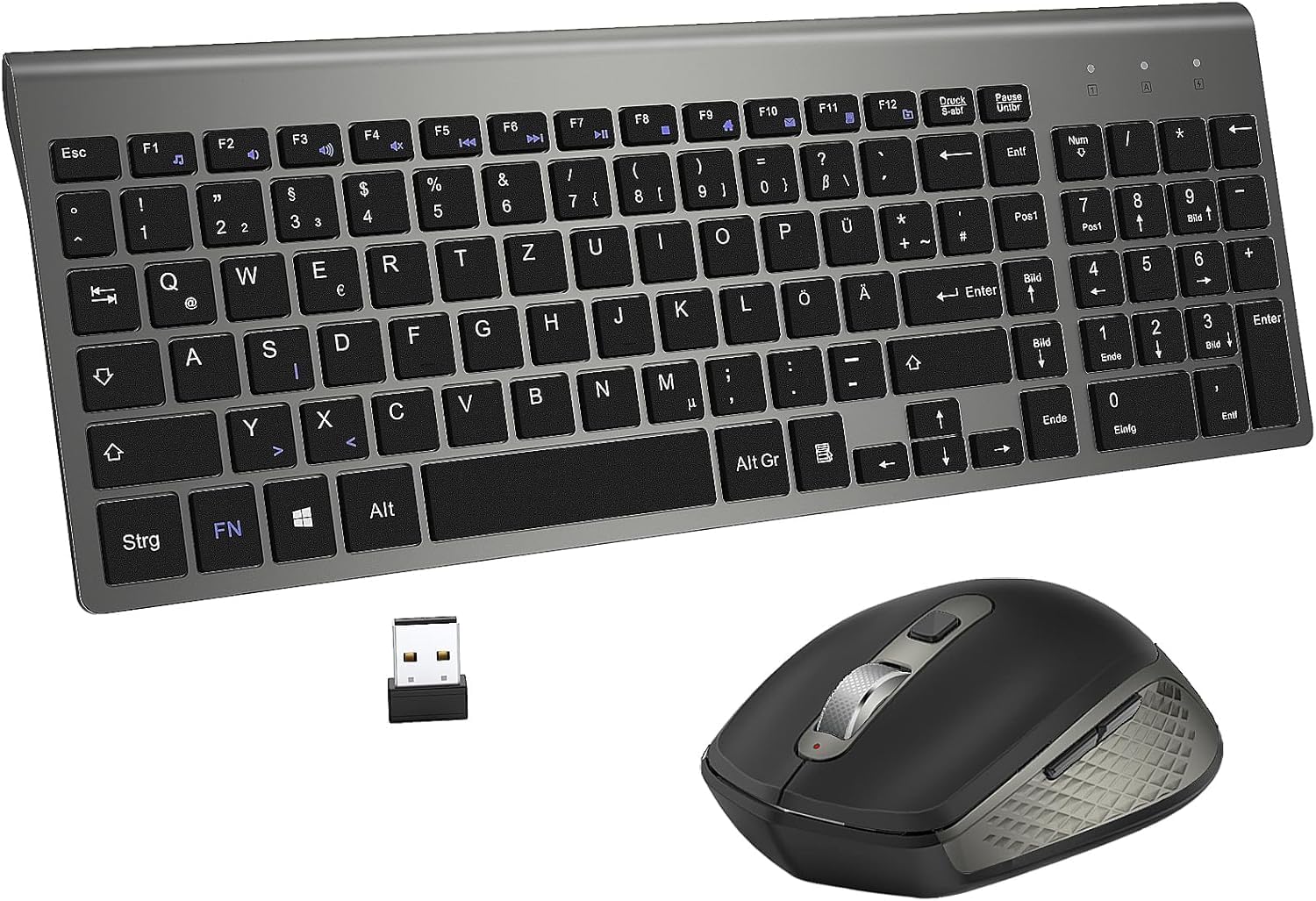 Tastatur und Maus Set Kabellos - Ultraslim 2.4Ghz USB Funk Tastatur QWERTZ (Deutsch) Layout Ergonomisch Klein Maus Ultra-Dünne für Computer/Desktop/PC/Laptop/TV/Windows (Schwarz Gray, Medium) – Bild 2