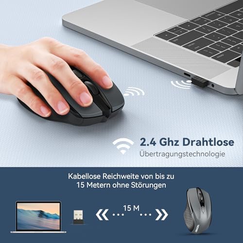 TECKNET Kabellose Maus, 2.4G Optische Funkmaus mit USB Empfänger, 2600 DPI, 24 Monate Akkulaufzei, Ergonomisches Design Wireless Mouse Kompatibel mit Laptop, PC, MacBook, Office Home, Grau – Bild 2