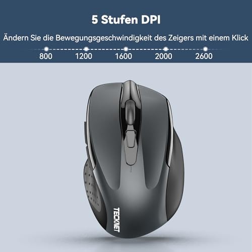 TECKNET Kabellose Maus, 2.4G Optische Funkmaus mit USB Empfänger, 2600 DPI, 24 Monate Akkulaufzei, Ergonomisches Design Wireless Mouse Kompatibel mit Laptop, PC, MacBook, Office Home, Grau – Bild 3