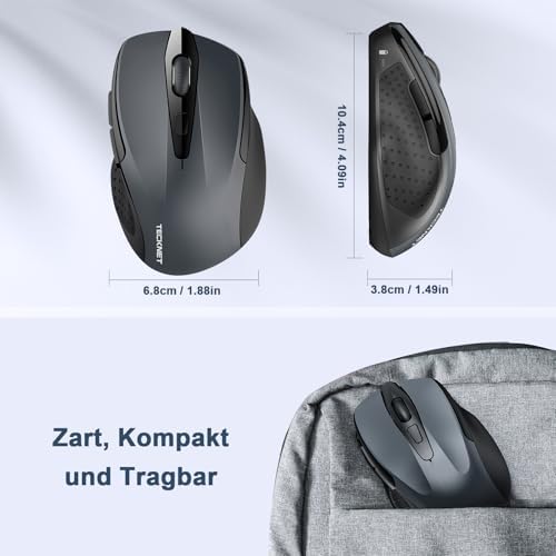 TECKNET Kabellose Maus, 2.4G Optische Funkmaus mit USB Empfänger, 2600 DPI, 24 Monate Akkulaufzei, Ergonomisches Design Wireless Mouse Kompatibel mit Laptop, PC, MacBook, Office Home, Grau – Bild 5